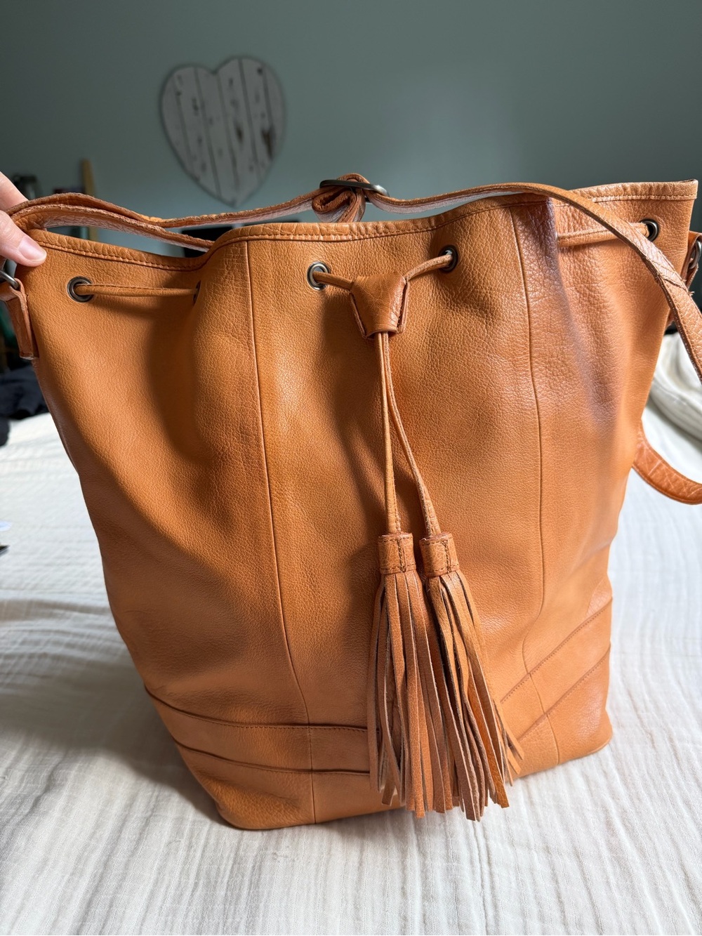 Women’s Tan Leather Drawstring Tote Bag with Tassels